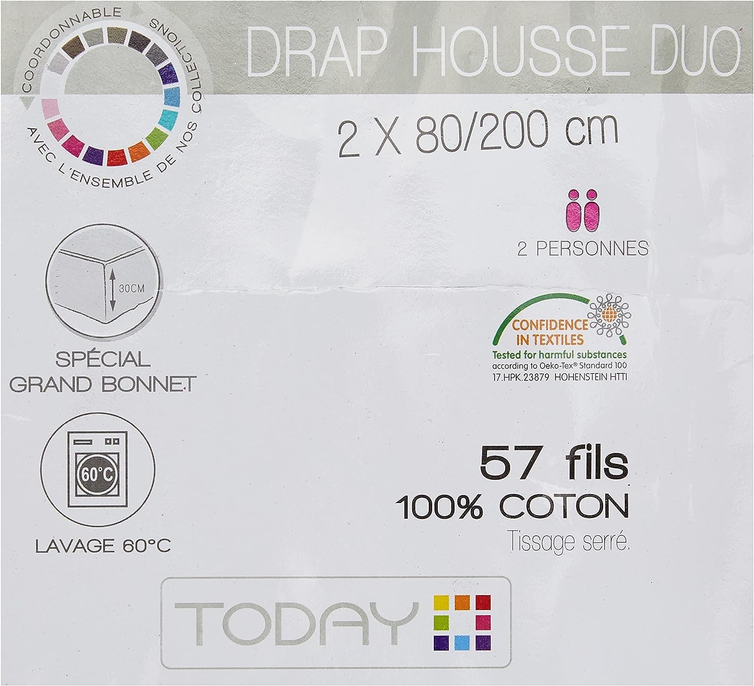 TODAY Essential - Drap Housse 140X190 cm 2 Personnes 100% Coton