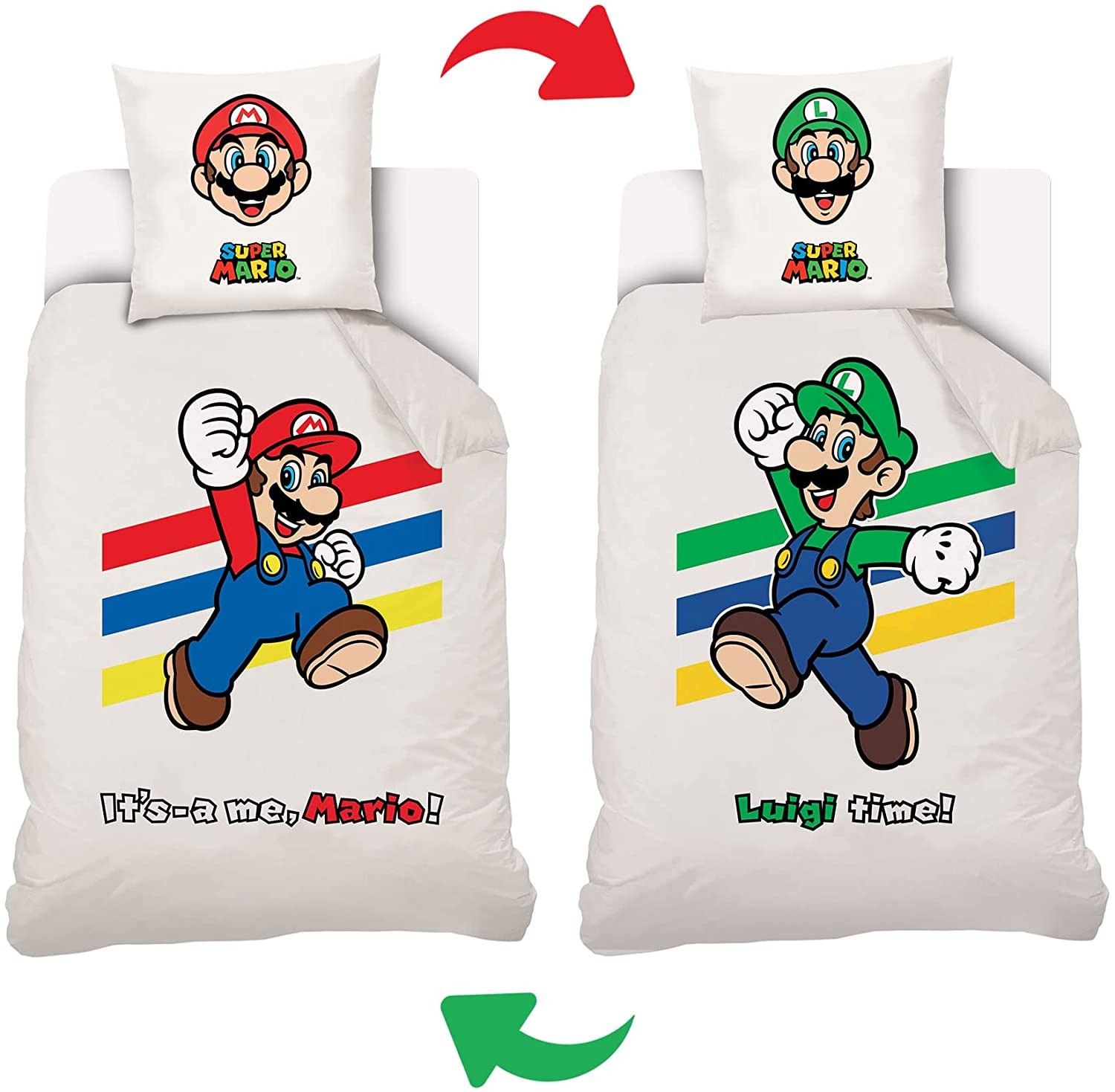 Housse De Couette Super Mario Luigi Réversible Ado 140x200cm + 1 Taie  d'oreiller 63x63 cm