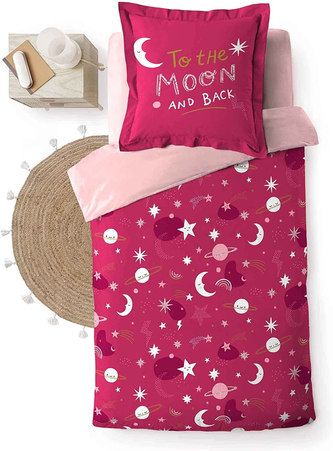 Parure Housse de Couette enfant 140 x 200 cm Moonlight Rose Etoiles lunes